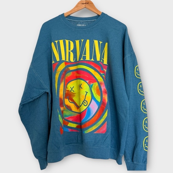 Nirvana Oversized Crewneck Sweatshirt Blue Tie Dye Print S/M - Picture 4 of 8